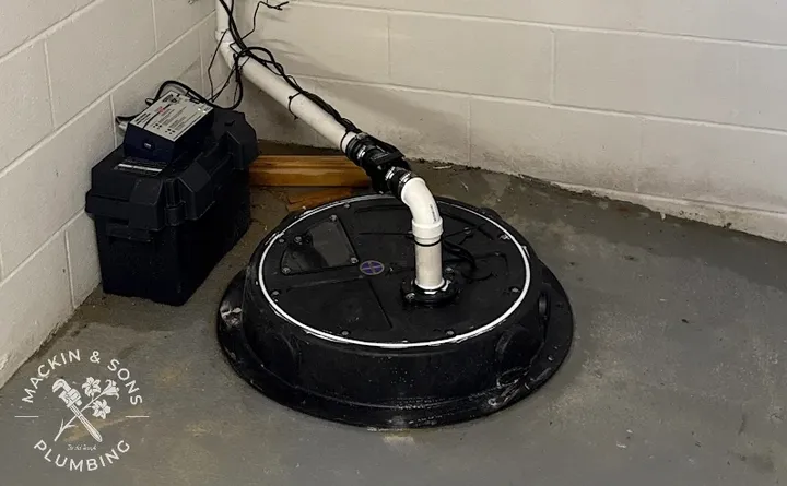 Sealed sump basin with battery backup sump pump installed by Mackin & Sons
