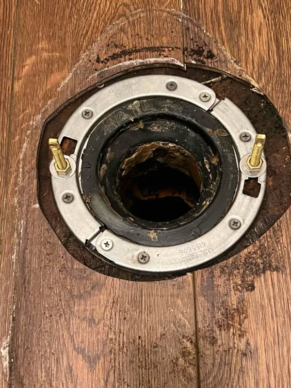 Toilet flange with a stainless repair ring and new brass closet bolts installed over hardwood in an Akron area home