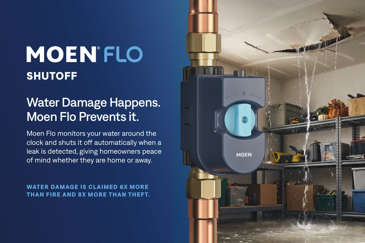 Moen Flo Smart Water Monitor and Shutoff installed on a copper main water line, next to a flooded basement